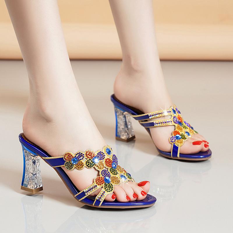Модные удобные летние пляжные тапочки с открытым носком, женские босоножки на высоком каблуке со стразами и бриллиантами, модная нескользящая обувь для вечеринок