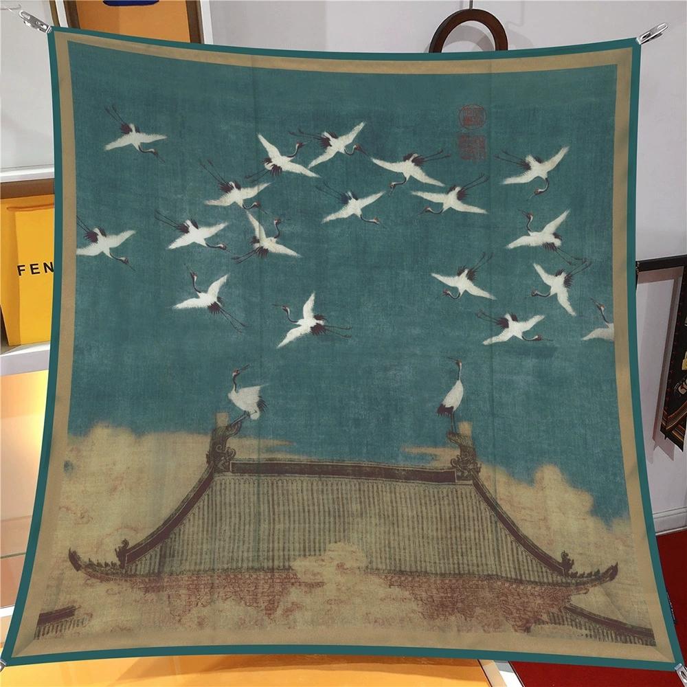 Retro 90CM Square Twill Scarf Shawl Hijabs For Women White Bird Printed Bandana Foulard Neckerchief