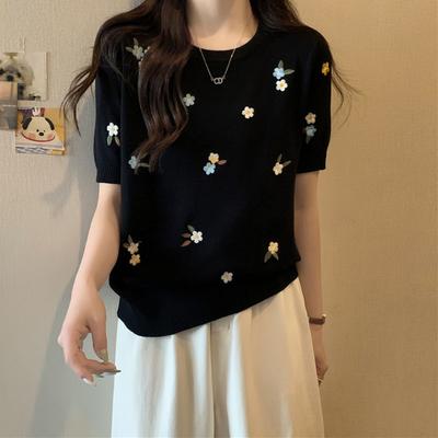 Топ из ледяного шелка, стройнящий, с темпераментом, женский, с дизайнерским чувством, вязаная рубашка, летняя футболка с коротким рукавом и открытыми плечами