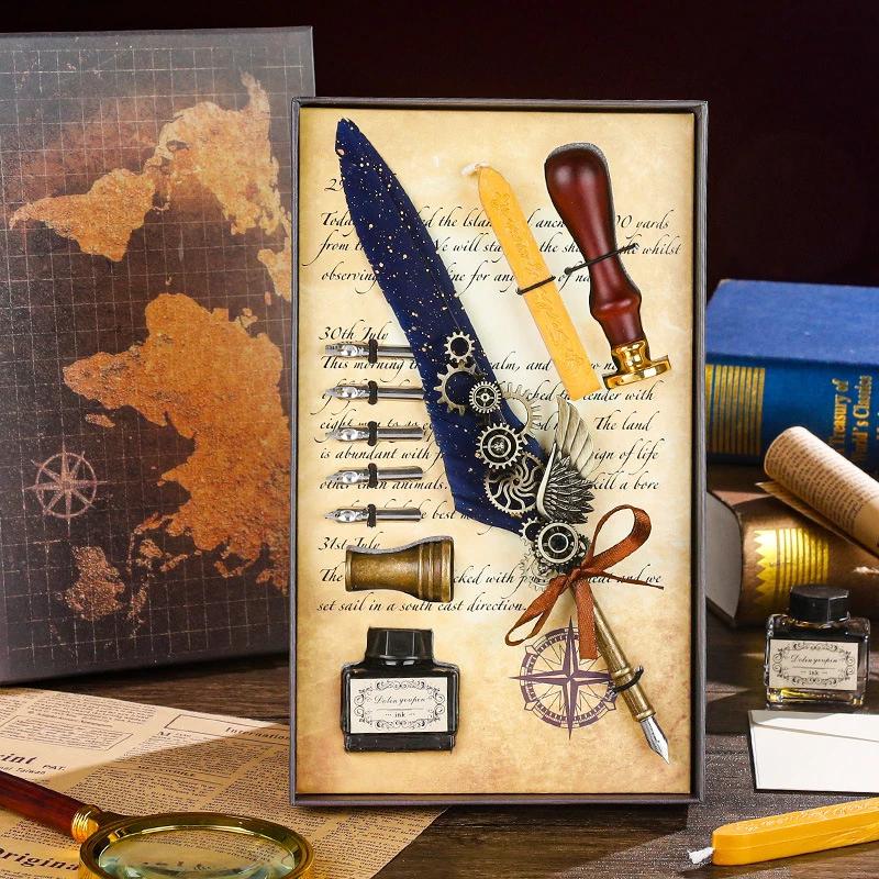 Luxury Fountain Pen Set Vintage Sprinkling Gold Feather Pens Ink Bottle Calligraphy Writing Dip Pen-s Birthday Gift 5 Nib Quill