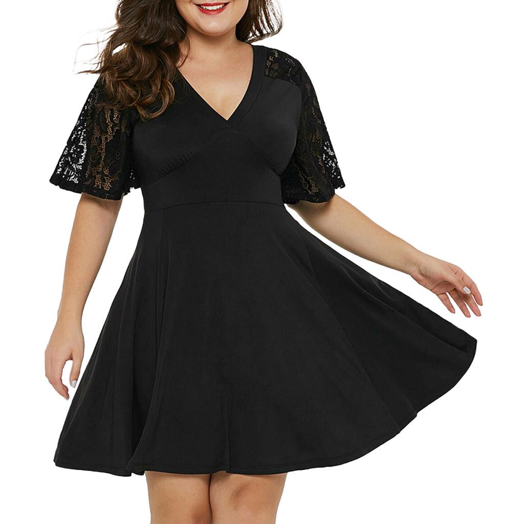 Fashion Women Plus Size Casual Solid V-Neck Short Sleeve Lace A-Line Swing Dress