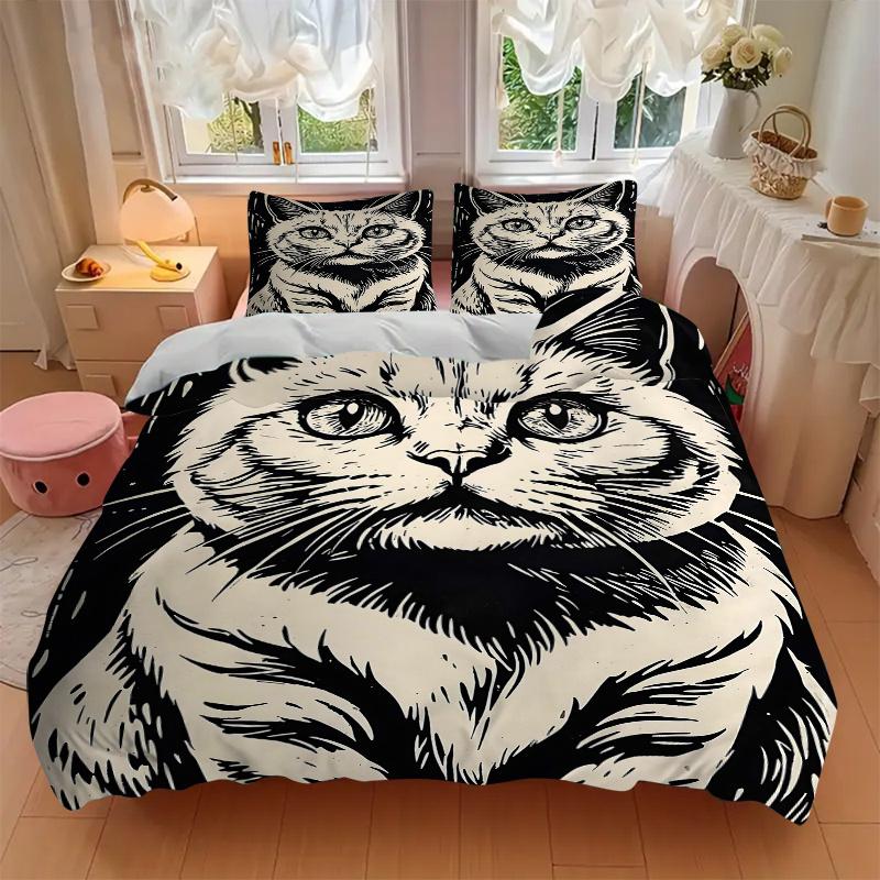 3pcs Curious Cat Quilt Set, Soft and Comfortable Bedroom