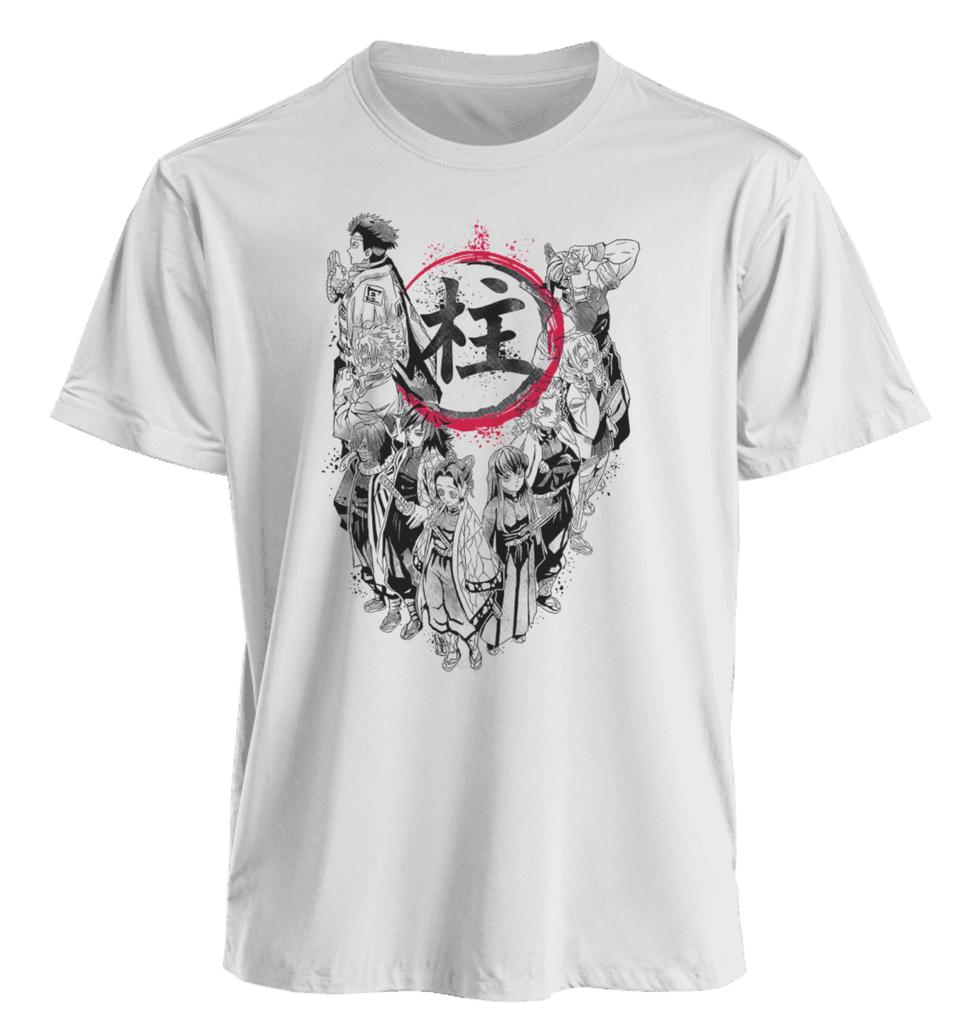 White Short Sleeve T Shirt Demon Slayer Hashira Group Print with Red Circle and Black Kanji Ink Splash Effect Cotton Anime Top