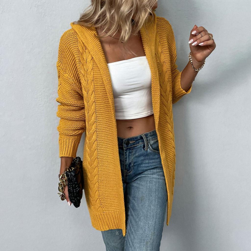 Женская мода вскользь 2022 вязаный однотонный кардиган с капюшоном-свитер пальто