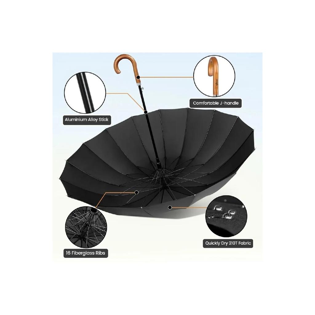 16 String Protocol Large Size Walking Stick Umbrella Fiber Umbrella Rain Umbrella (black)