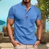 Men Summer Top with Chest Pocket Round Neck Short Sleeves Buttoned Solid Color