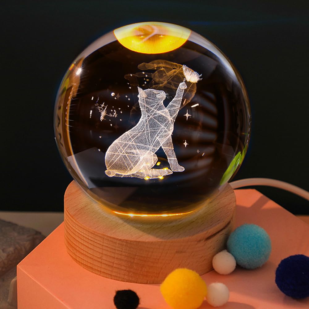 Interior Crystal Ball Night Light Cat Stylish Desk Light LED Present Decoration Full of Atmosphere Stand Light Tabletop Light Unique Birthday Present