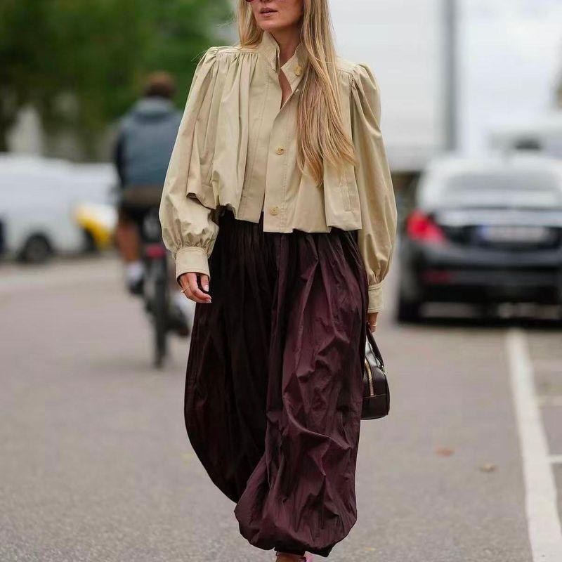 Счетчик То же Zbzr Осень Новые Женская одежда Западный стиль Мода Воротник-стойка Рукав-фонарик Дизайн со складками Чувство Топ