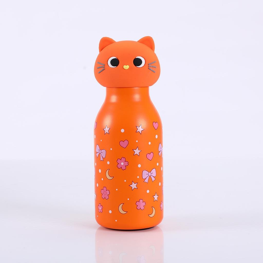 Insulated Stainless Steel Water Bottle with Cat Detachable Soft Head Cartoon Cat Shaped Thermos Bottle With Straw For Kids