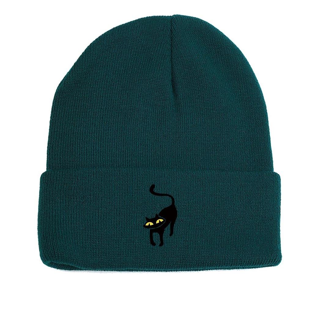 Вязаная шапка с принтом черного кота, шапка Animal Woman, эластичная термопростая шапка с помпоном, вязаная шапка, шапка-бини