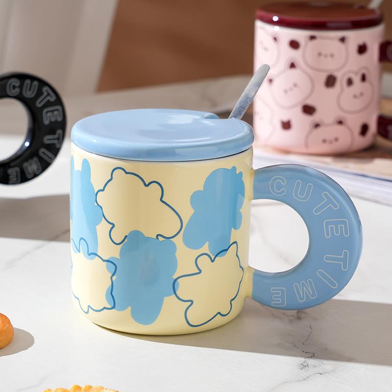 Керамическая чашка с изображением животных из мультфильмов, с крышкой и ложкой, дорогая кружка для пары, костюм для девушки, чашка для воды, небольшой подарок