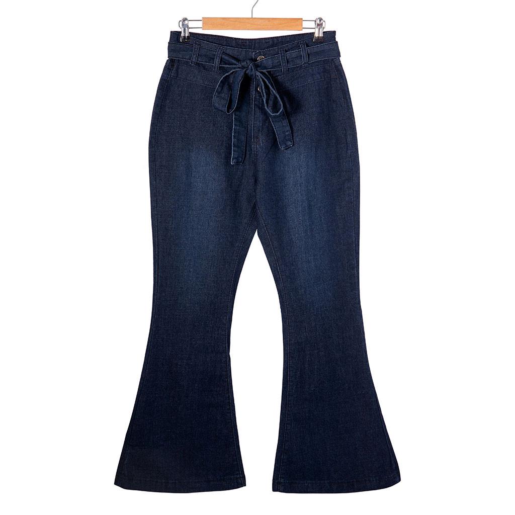Fashion Ladys High Waisted Lacing Stretch Wide Leg Jeans Bell-Bottomed Pants