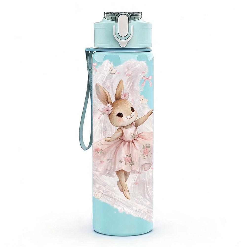 1PC Dreamy Bunny Angel Watercolor Print 750ml Color Plastic Sports Water Bottle Leakproof Flip Straw Lid Suitable for Sports Office Home Use