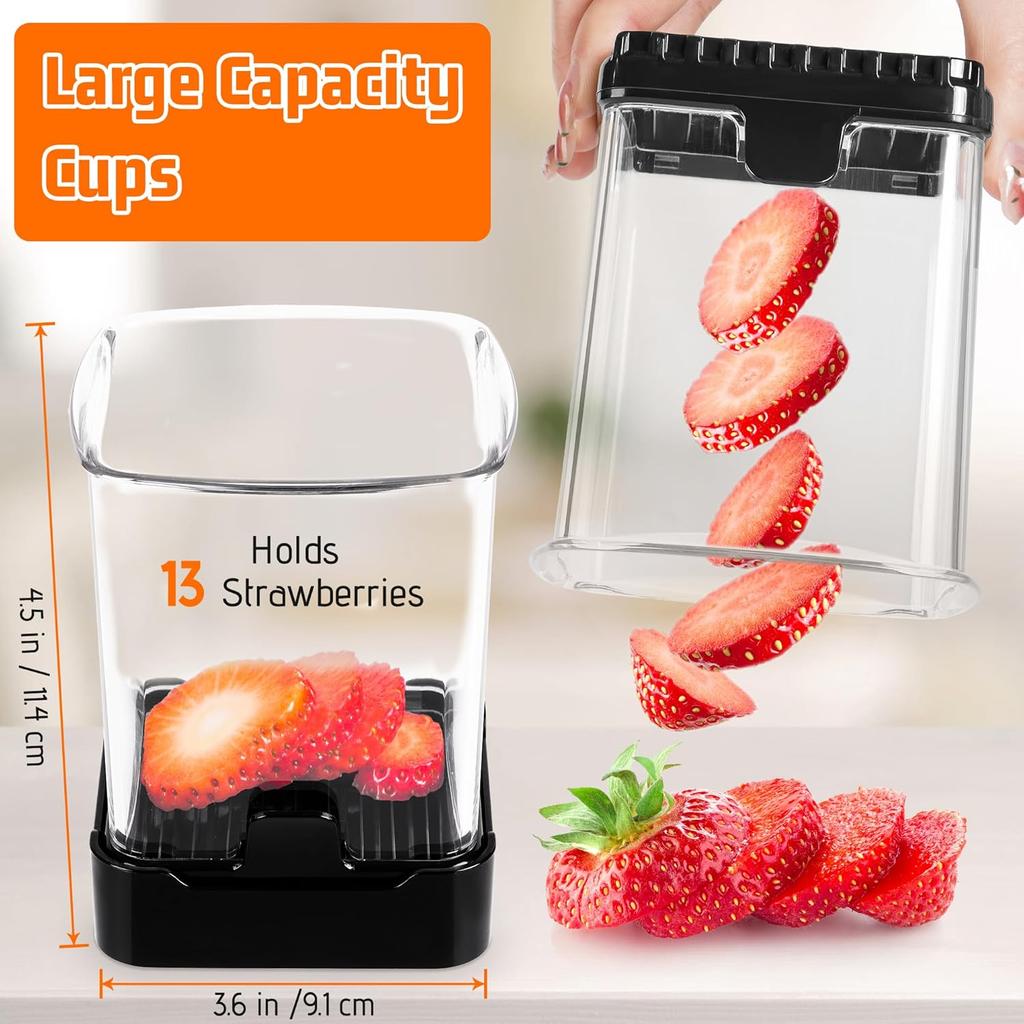 Fruit Slicer Cup for Strawberry, Banana, Hard-Boiled Egg - Detachable Cutter with Push Plate - 304 Stainless Steel Blade - Rapid & Safe Slicing