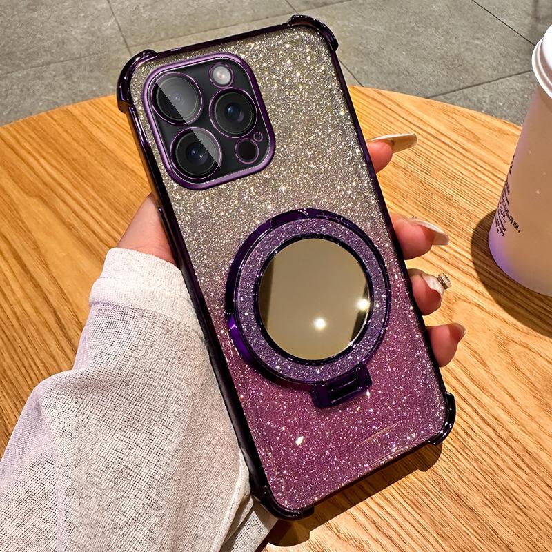 Glitter Makeup Mirror Holder Phone15promax Mobile Phone Case Apple 14 Four-corner Airbag Anti-drop 13 Soft Cover 2