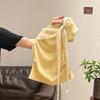 Yellow slanted shoulder floral lace splicing short-sleeved T-shirt women's summer new slim-fitting and thin off-the-shoulder waist top