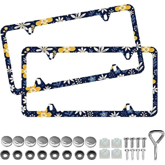Elegant Faux Floral License Plate Frame - Unobstructed Narrow-Edge 2 Packs Universal Stainless Steel Car License Plate Frames Holder Solid Holder