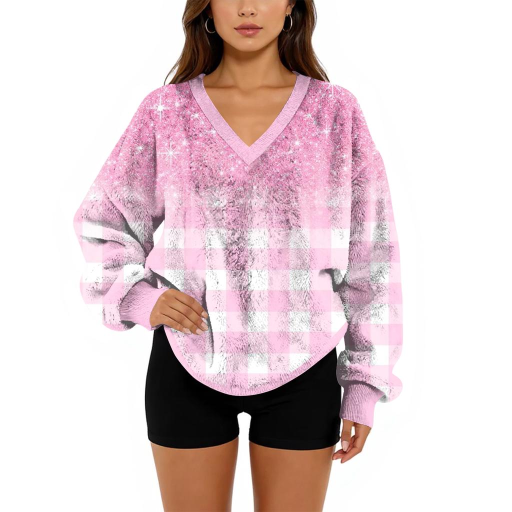 Women's V-Neck Sweatshirt Plush Solid Color Casual Fashion Long Sleeve With Pocketed Pullover Top