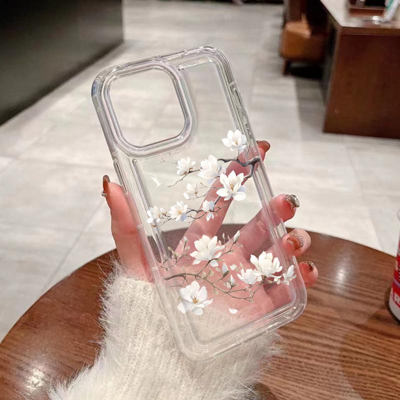 Чехол в китайском стиле с цветком магнолии, прозрачный, для iPhone 17 Air 16 15 14 13 12 11 Pro Max 14 Plus 16E, противоударная силиконовая крышка