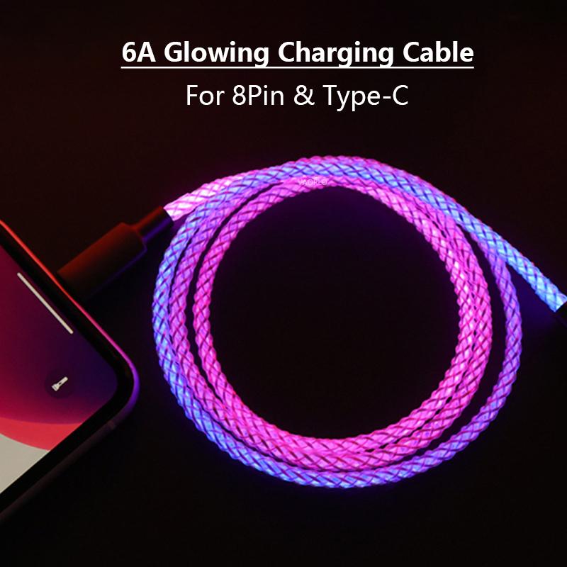 VAORLO 66W 6A Кабель для передачи данных RGB Светящийся заряд Быстрая зарядка для iPhone Type-C USB-зарядное устройство Высококачественный кабель для передачи данных