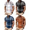 Men Summer Shirt Lapel Zipper Color Matching Plaid Striped Print Slim Fit Short Sleeve Pullover Mid Length Soft Breathable Men Business Top