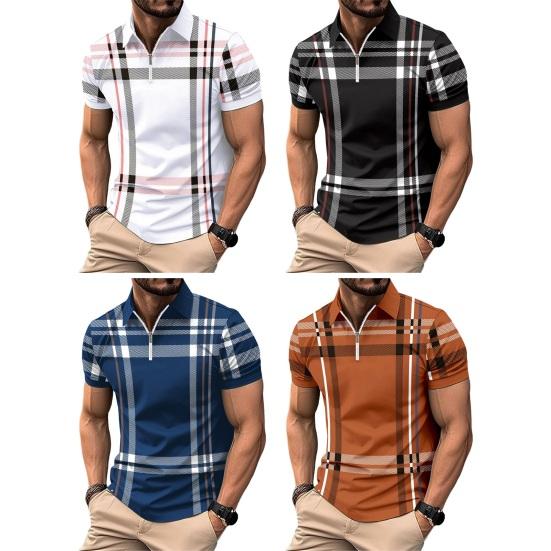 Men Shirt Lapel Zipper Color Matching Plaid Striped Print Slim Fit Short Sleeve Pullover
