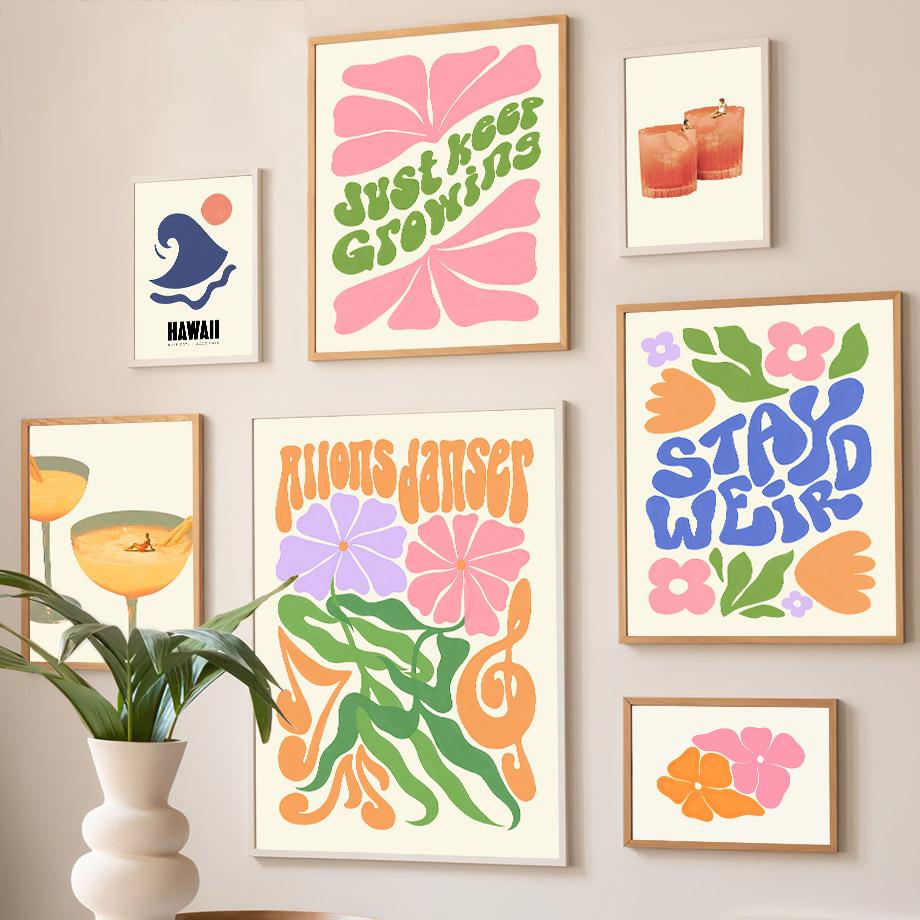 Пастельные цветы Солнце Волны Коктейль Минимализм Настенная живопись Холст Картина Скандинавские постеры и принты Настенные картины Декор гостиной