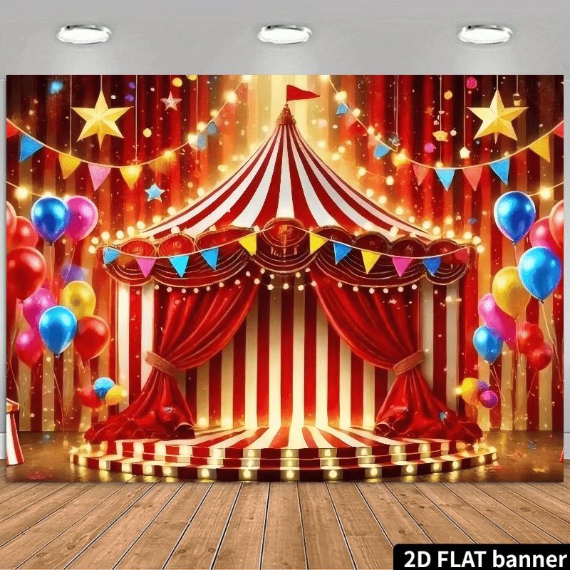 2D planar circus-themed background fabric, creating a cheerful and lively circus atmosphere, made of durable polyester material
