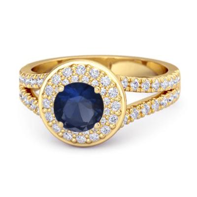 Кольцо с двойным гало из синих сапфиров - Стерлинговое серебро 925 пробы с золотой позолотой