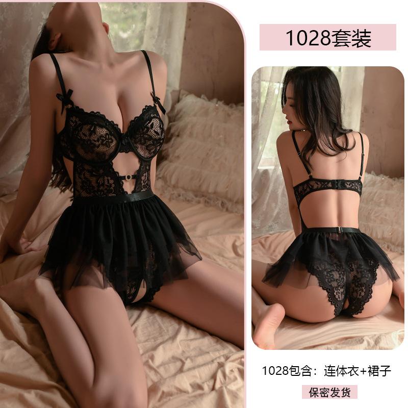 Erotic Underwear Sexy Lace Seductive Jumpsuit Puffy Skirt Set Pure Desire to Open Crotch Uniform Pajamas 1028