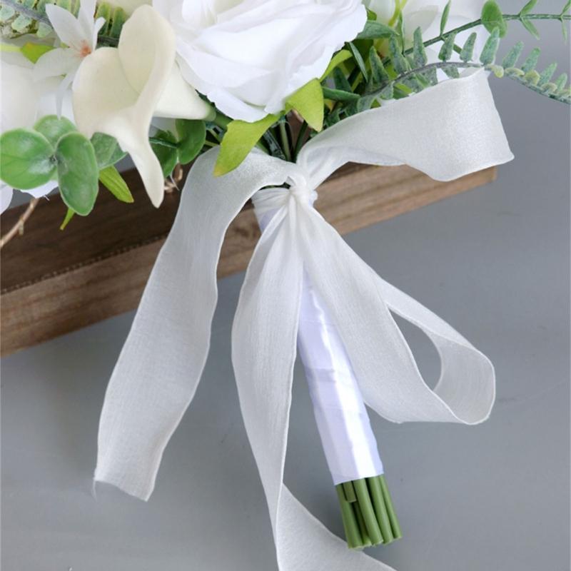White Bridal Bouquets Wedding Bouquets with Ribbon for Bridal, Bridesmaids, Anniversary, Wedding Party Decorations