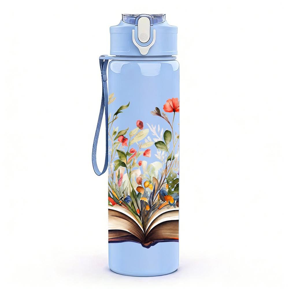 1PC Open Book Wildflower Bouquet 750ml Color Plastic Sports Water Bottle Leakproof Flip Straw Lid Suitable for Sports Office Home Use