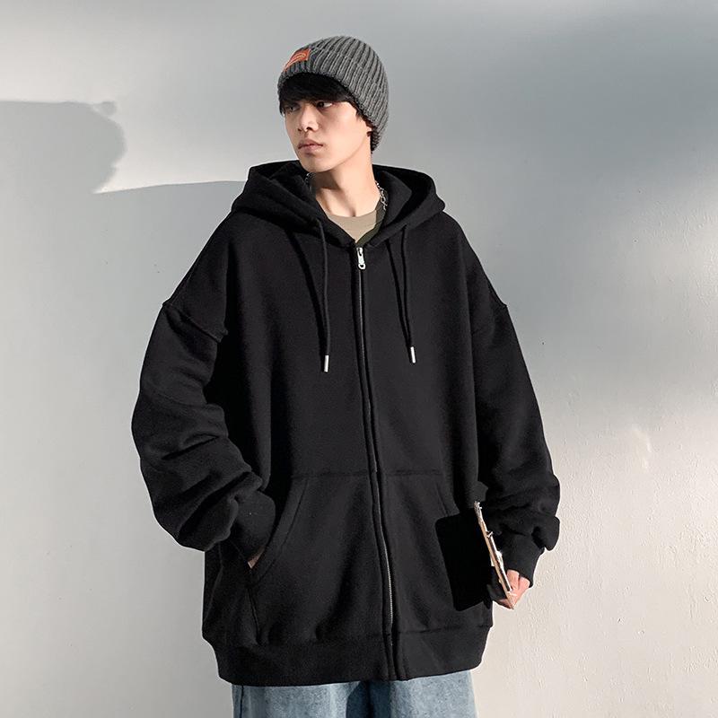 Men's Hooded Cardigan Sweatshirt - 2022 Autumn/Winter, Solid Color, Trendy Loose Fit, Sports Style, with Zipper.