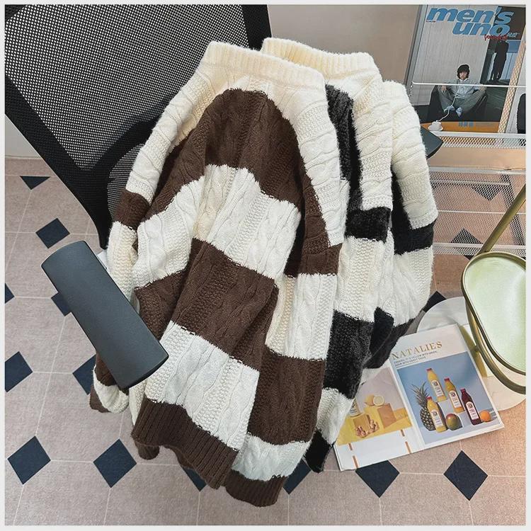 Мужской свободный повседневный полосатый вязаный свитер - японский модный стиль TikTok для старшеклассников