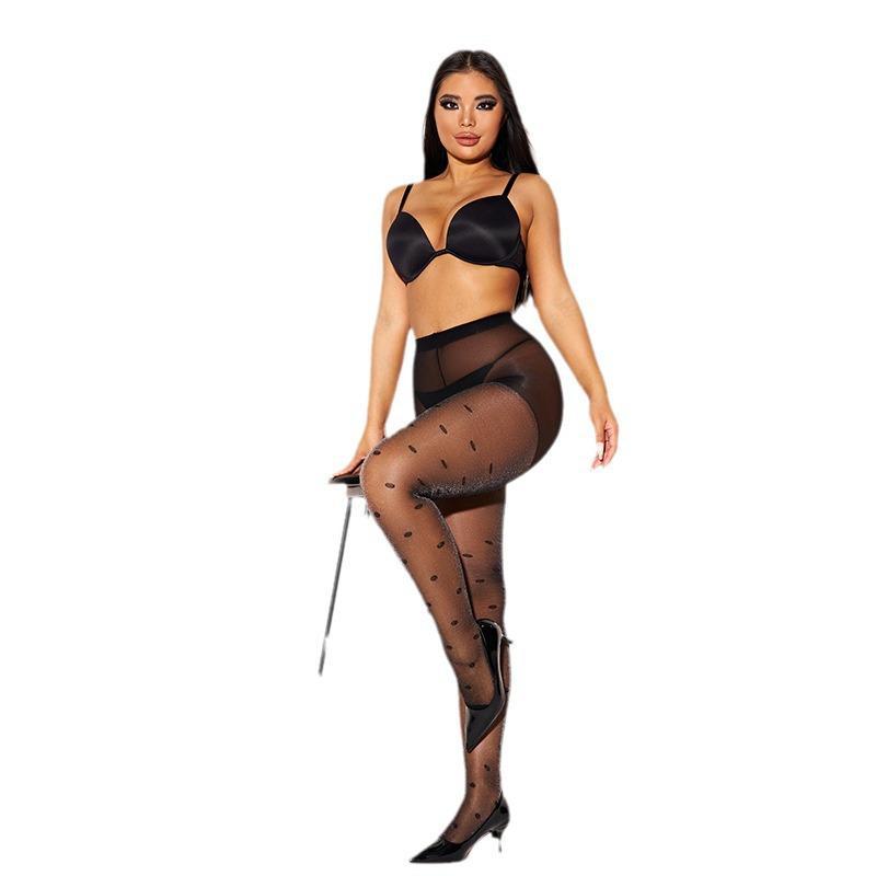 Женские летние серебристо-черные колготки в горошек - удлиненные, тонкие, антизацепляющие, сексуальные черные шелковые