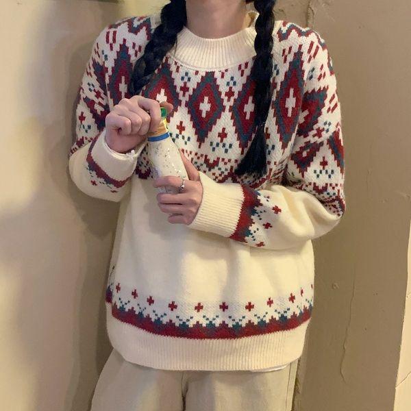 Красный рождественский свитер в корейском стиле для женщин - Свободный, ретро пуловер с круглым вырезом, вязаный для осени и зимы