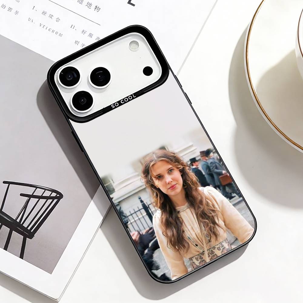 Luxury Brand Star Millie Bobby Phone Case For iPhone17,16,15,14,13,12,Pro Max Black Colored Silver Plated Inside Cover