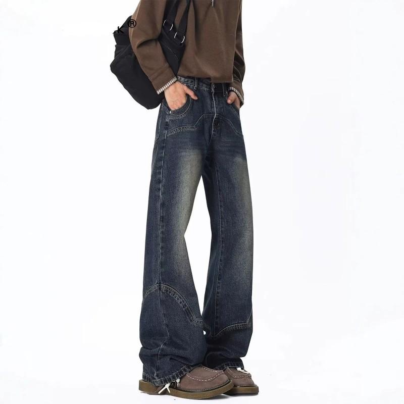 Mens Womens Streetwear Straight Leg Denim Pants With Patchwork Detail Mid-Rise Slim Fit Blue Jeans Daily Wear