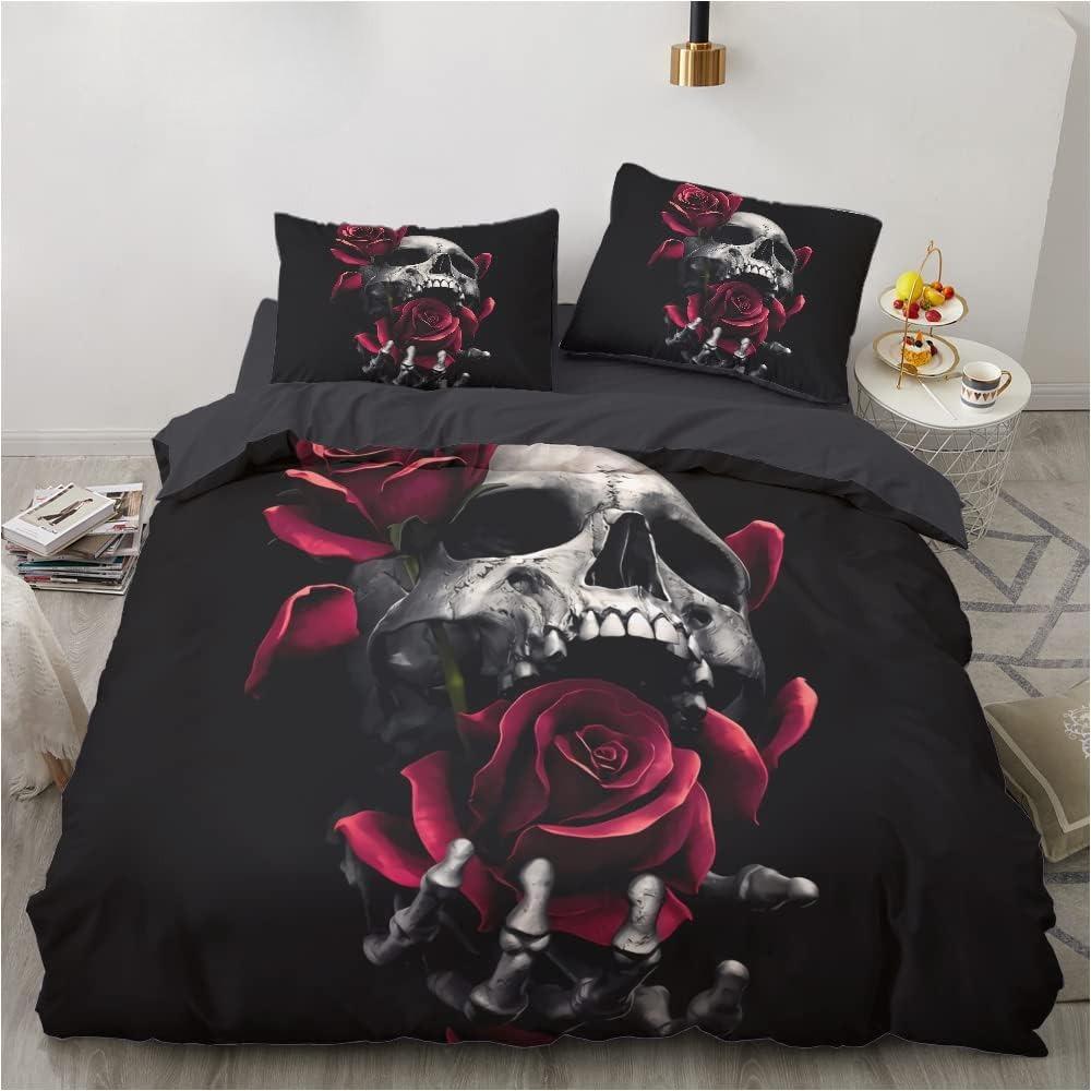 3D Printed Gothic Skull Rose Microfiber Duvet Cover Soft and Comfortable 3-piece Bedding Set with Zipper and 2 Pillowcases