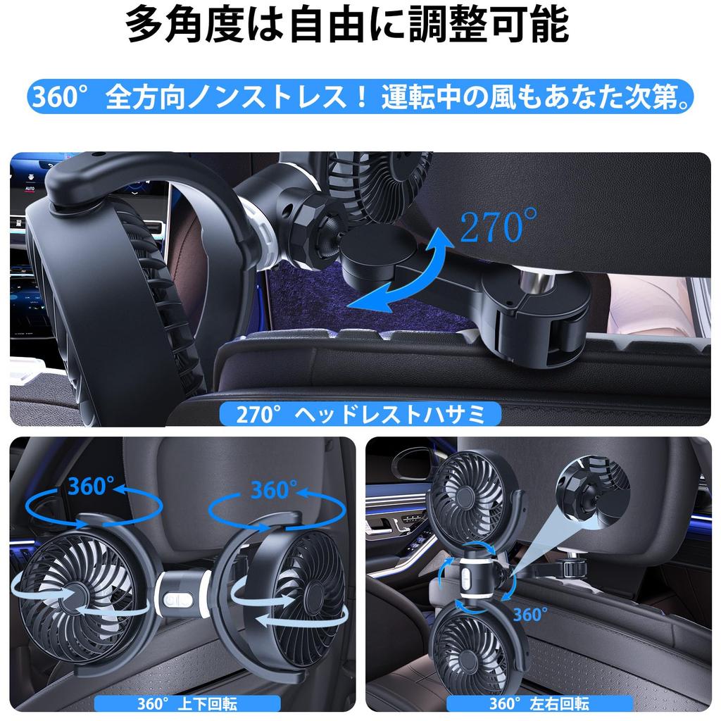 OFFEREE Car Fan, Car Fan, USB Type, Quiet, Car Backseat Fan, 3 Levels of