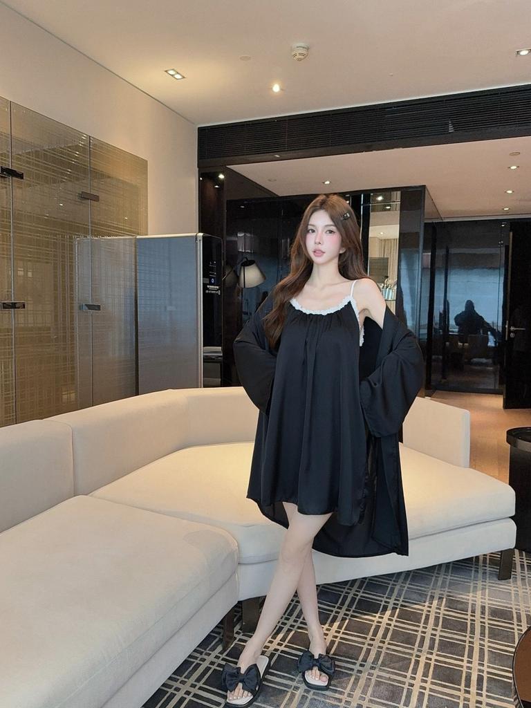 Summer new ice silk sexy nightgown women's thin comfortable suspender nightgown loungewear two-piece set with chest pad