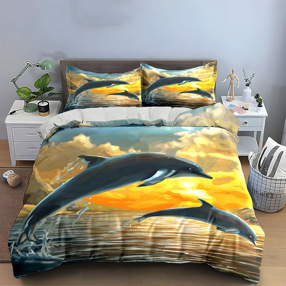 Jumping dolphins, sunset background. Bedding sets Duvet cover sets Duvet covers Pillowcases(1*Duvet Cover 2*Pillowcases without duvet insert)