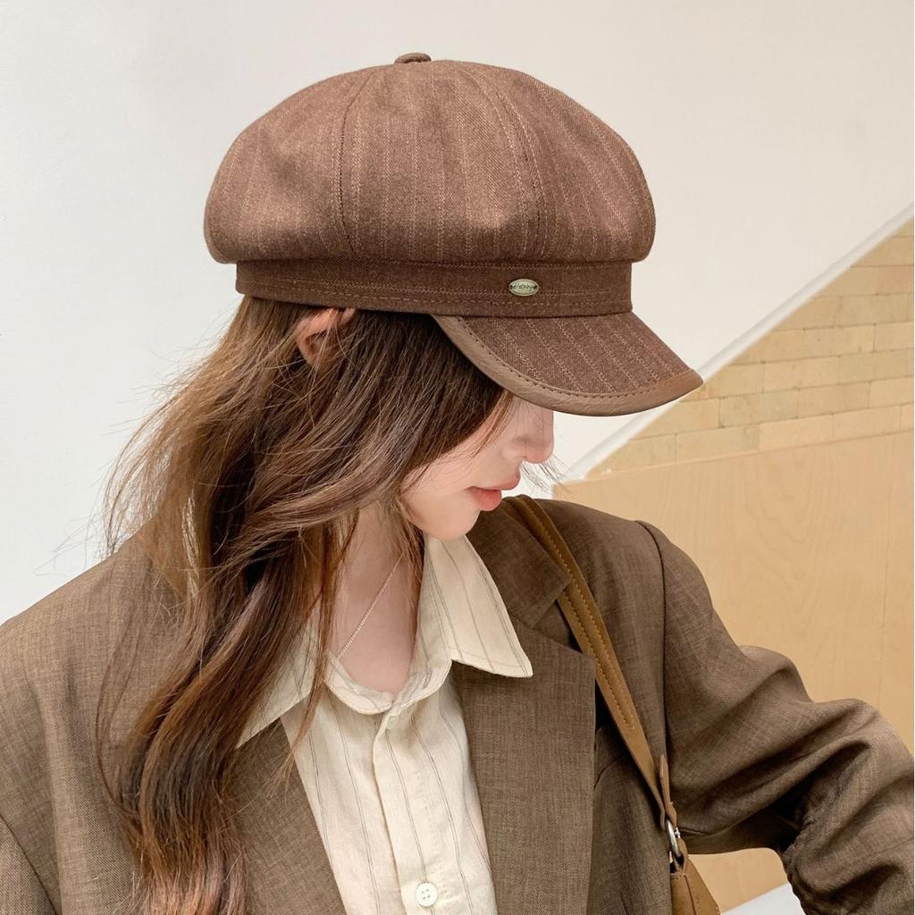 Striped octagonal hat children's retro British leather brim newsboy hat showing face little painter hat versatile duck tongue beret