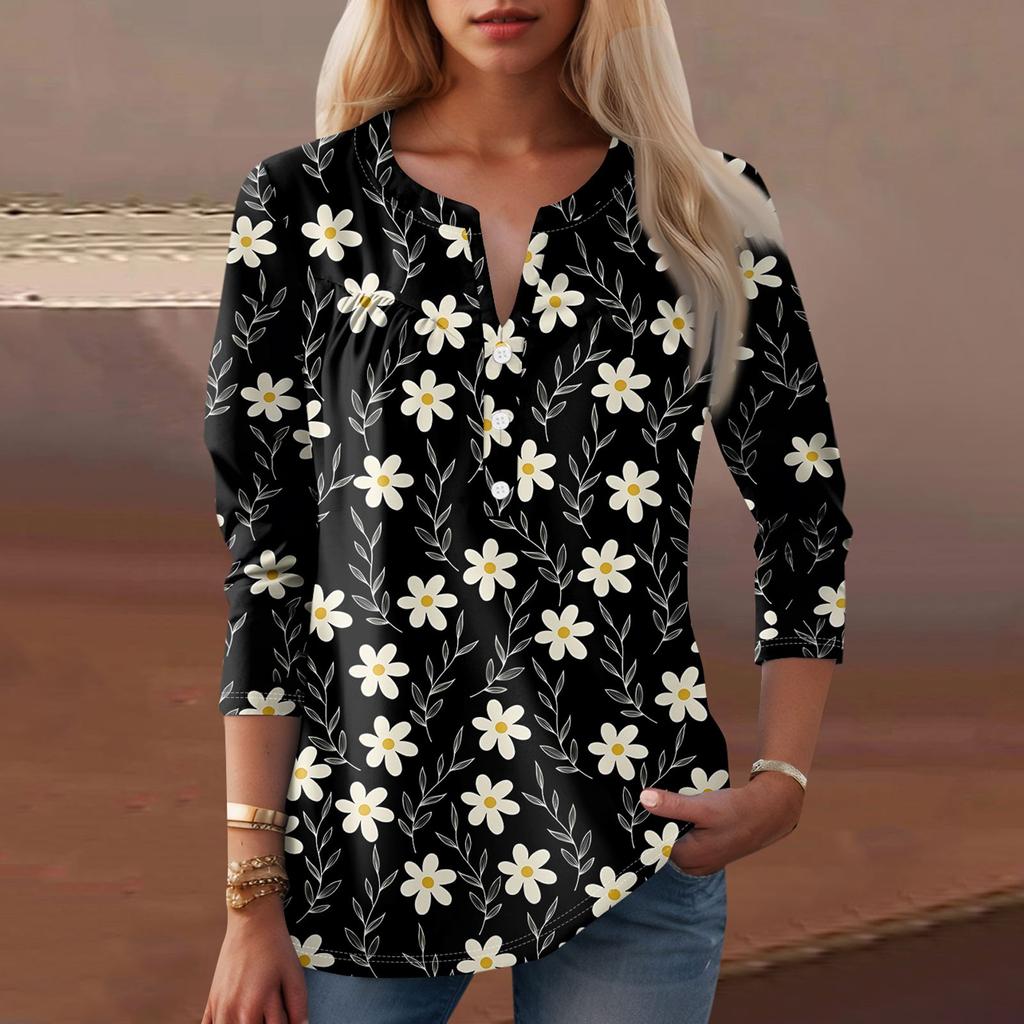 Women's Fashion Casual Long Sleeve Round Neck Floral Print Top