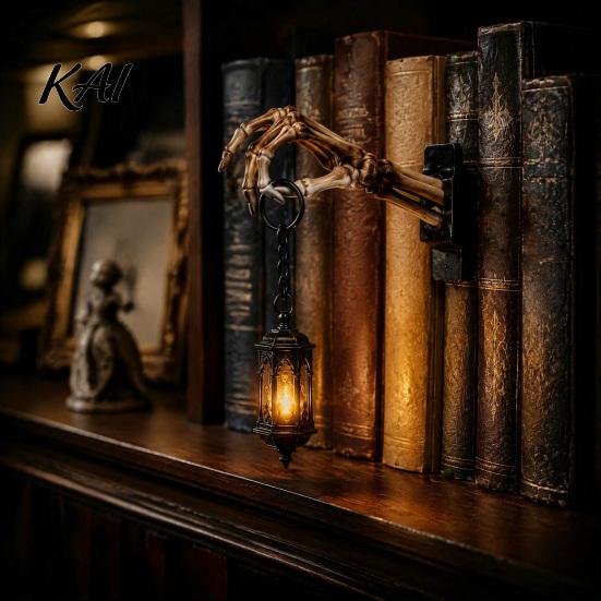 Victorian Style Room Decor Skeleton Hand Lantern Shelf Light, Warm LED Library Nightlight, Gothic Themed Desk Lamp Decorative Mini Bookshelf