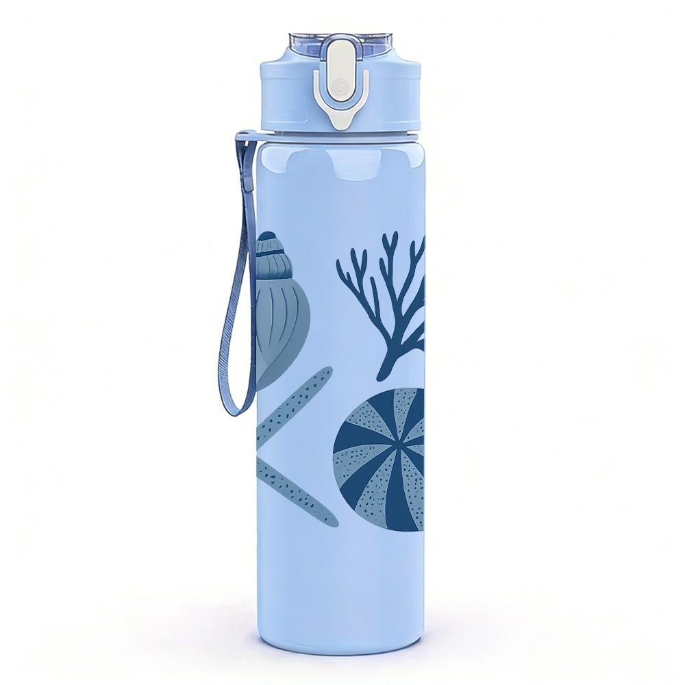 1PC Seashell Starfish Blue Pattern 750ml Color Plastic Sports Water Bottle Leakproof Flip Straw Lid Suitable for Sports Office Home Use