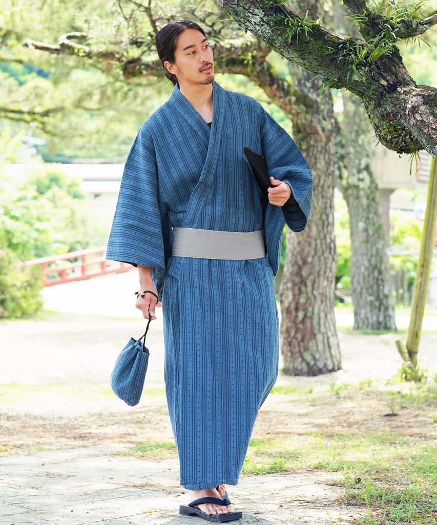 Юката комплект из 6 предметов Shingen Waist S Indigo Jade Stripe Easy to Yukata Лето Японский Японский [Rochelle] Мужской (Юката, Оби, Гета, Сумка, Веер, Ремень) М,