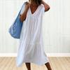 Женское летнее платье Плиссированные трапеции с вырезом Короткие однотонные V-образный вырез Свободные лоскутные рукава Длина до середины икры Повседневные Повседневные