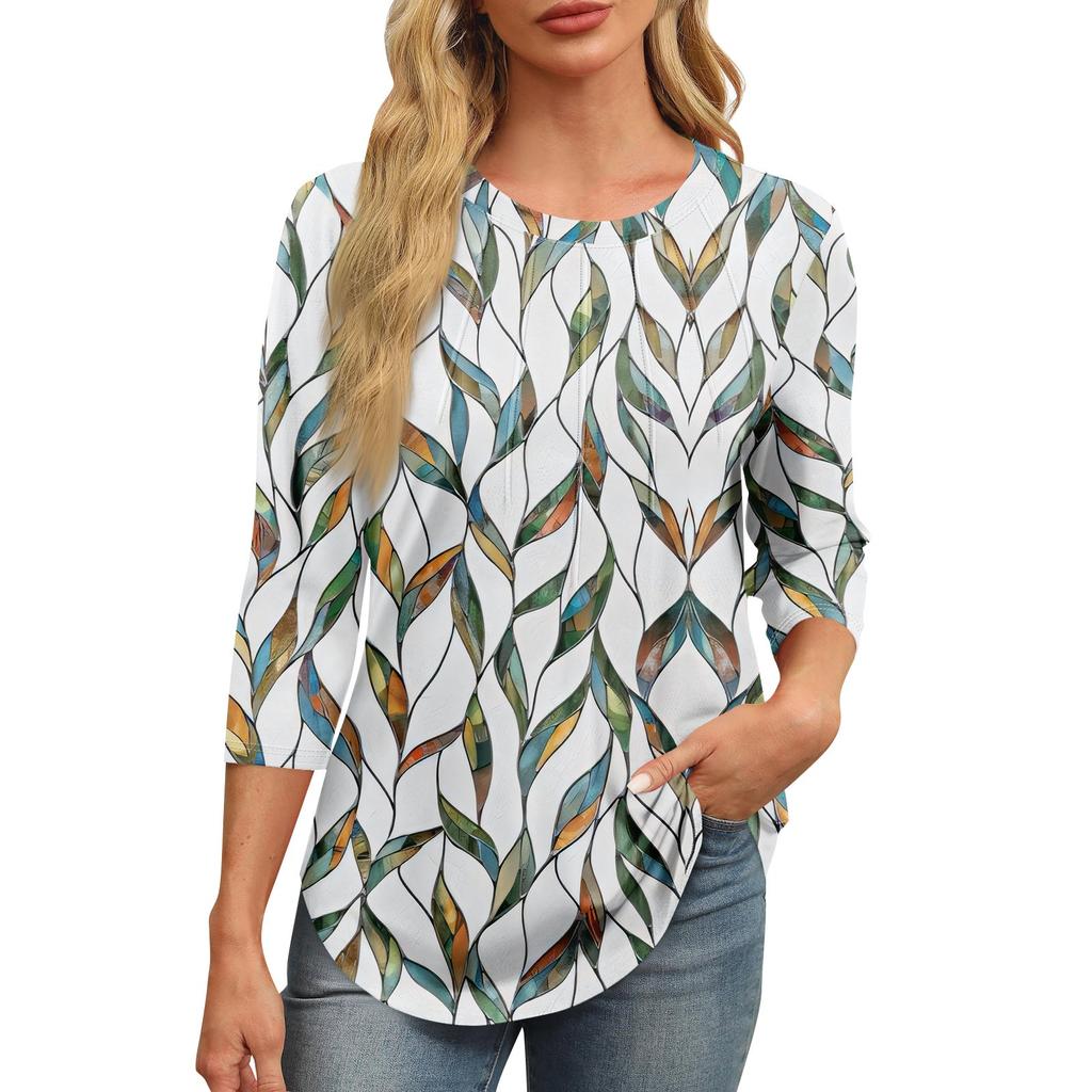 Женская модная футболка с круглым вырезом и рукавом 3/4 с принтом, повседневная, базовая, плиссированная, пуловер