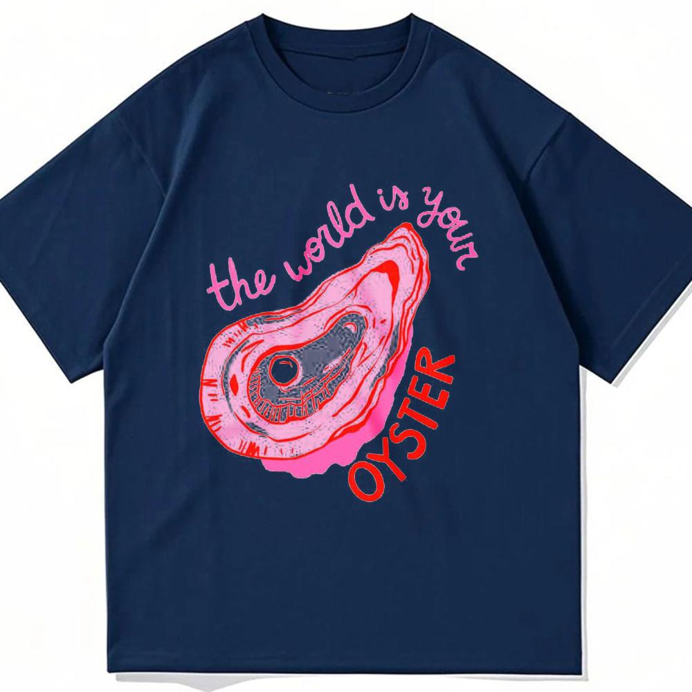 The World Is Your Oyster Pink Oyster Shell Print Tees Retro Coastal Vacation Oversized Cotton Unisex T Shirt